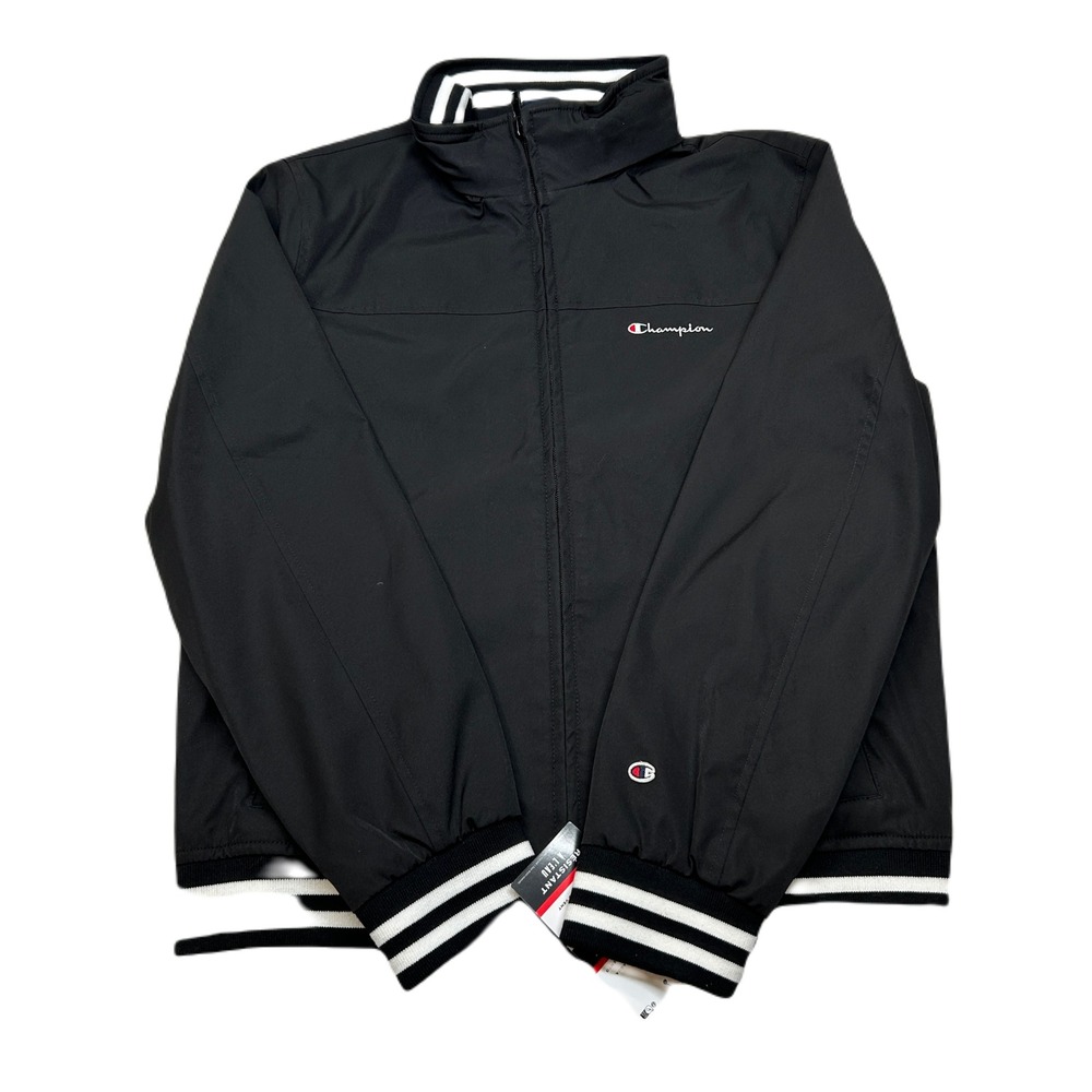 Champion Bomber Jacket Mens Medium Black Full Zip Windbreaker‎ Striped Cuffs NEW